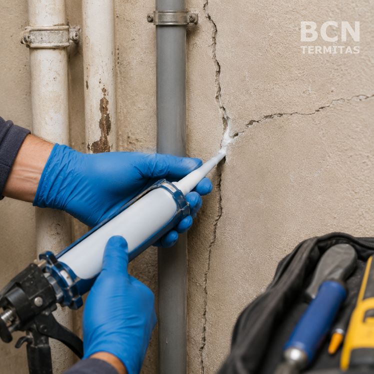 Manos Técnico con Guantes Sellando Grietas - Barcelona Termitas
