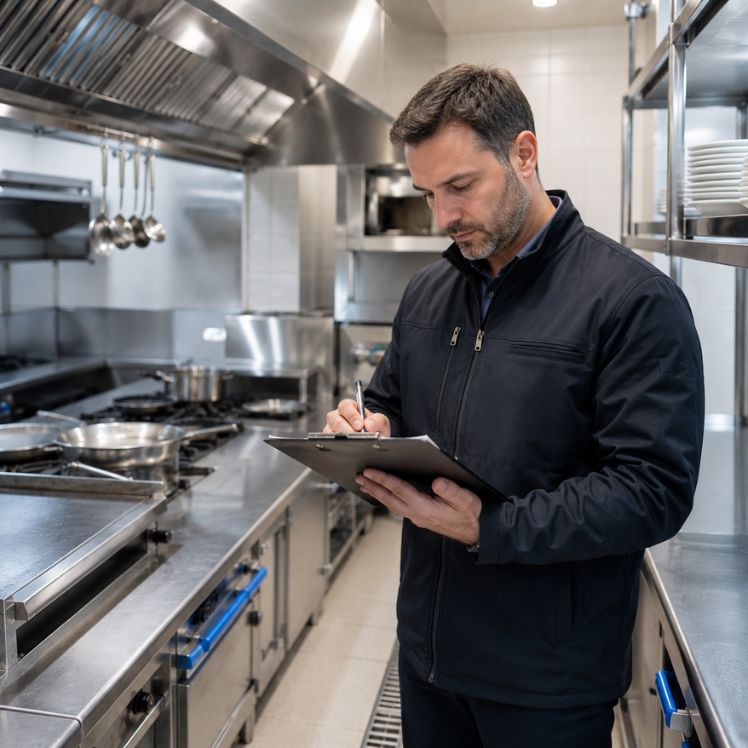 Mantenimiento y Control de Plagas en Hostelería_ Tu Plan APPCC Obligatorio en Barcelona - INSPECTOR TÉCNICO REVISANDO COCINA