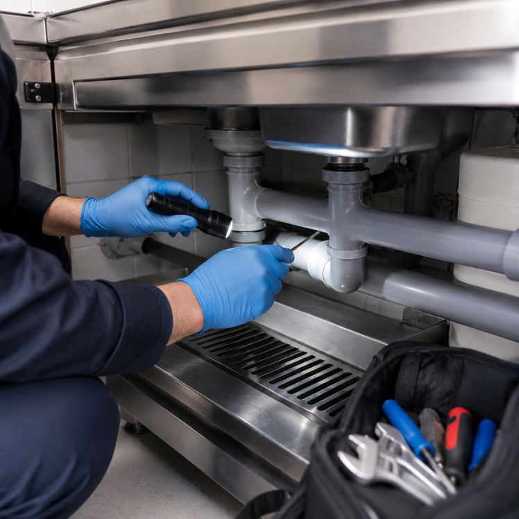 Mantenimiento y Control de Plagas en Hostelería_ Tu Plan APPCC Obligatorio en Barcelona TÉCNICO INSPECCIONANDO DESAGÜE_TUBERÍAS COCINA